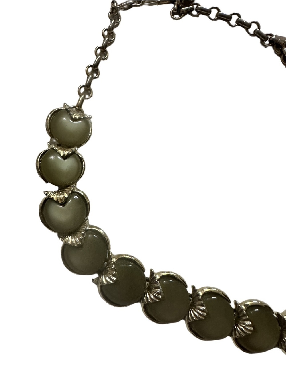 Coro Green Moonglow Lucite Necklace Gold Tone Hook & Eye Close Necklace